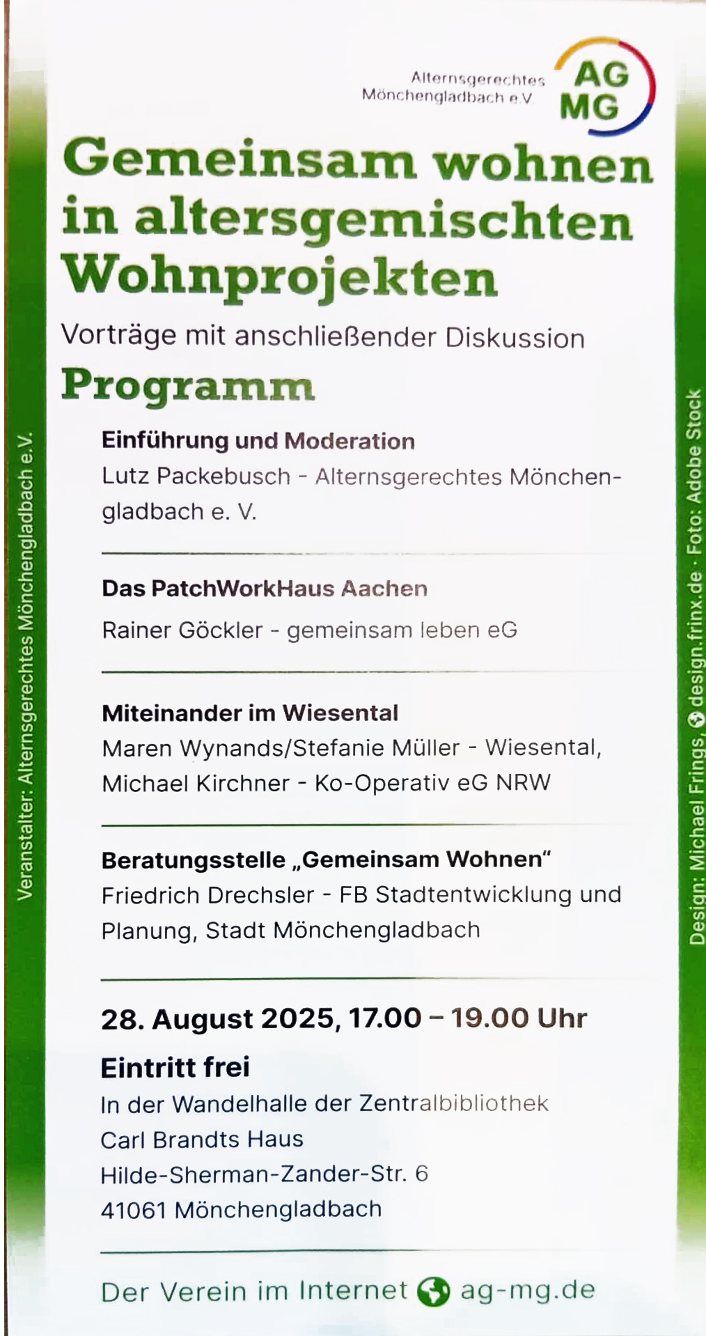 Veranstaltungsankündigung 'Gemeinsam wohnen in altersgemischten Wohnprojekten' am 28. August 2025 in Mönchengladbach mit Programm und Referenten